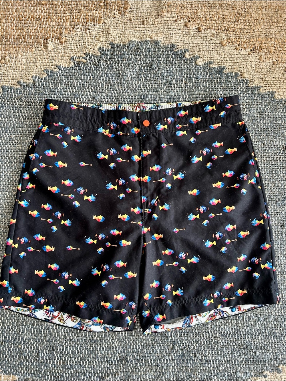 Robert Graham Fish Print Swim Trunks Board Shorts Black Multicolor